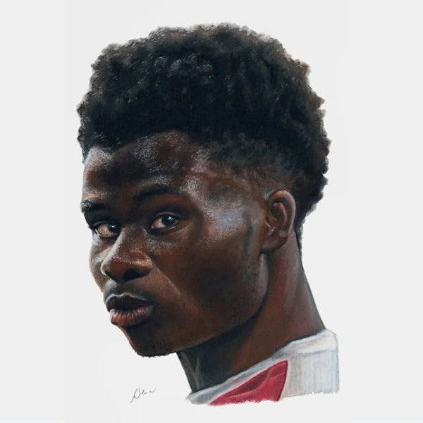 Artistic portrait of an Arsenal player with styled hair on a plain background
