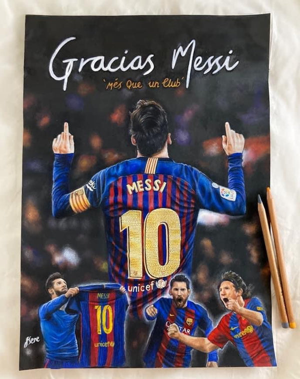 Poster of a soccer player in a Barcelona jersey with 'Gracias Messi' text on a dark background.